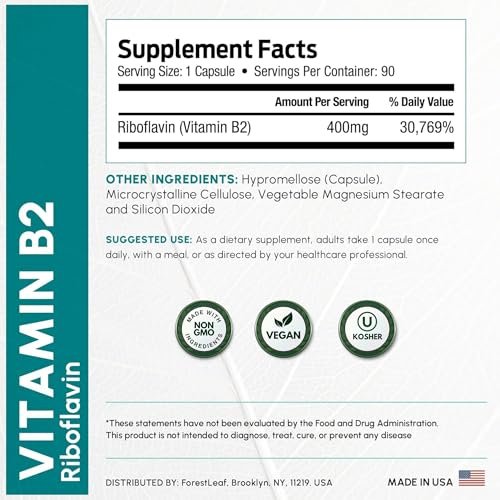 ForestLeaf Vitamin B2 Riboflavin 400mg – Energie, Haut & Zellgesundheit – Unterstützt das Nervensystem – Nicht-GVO & Glutenfrei – 90 Kapseln