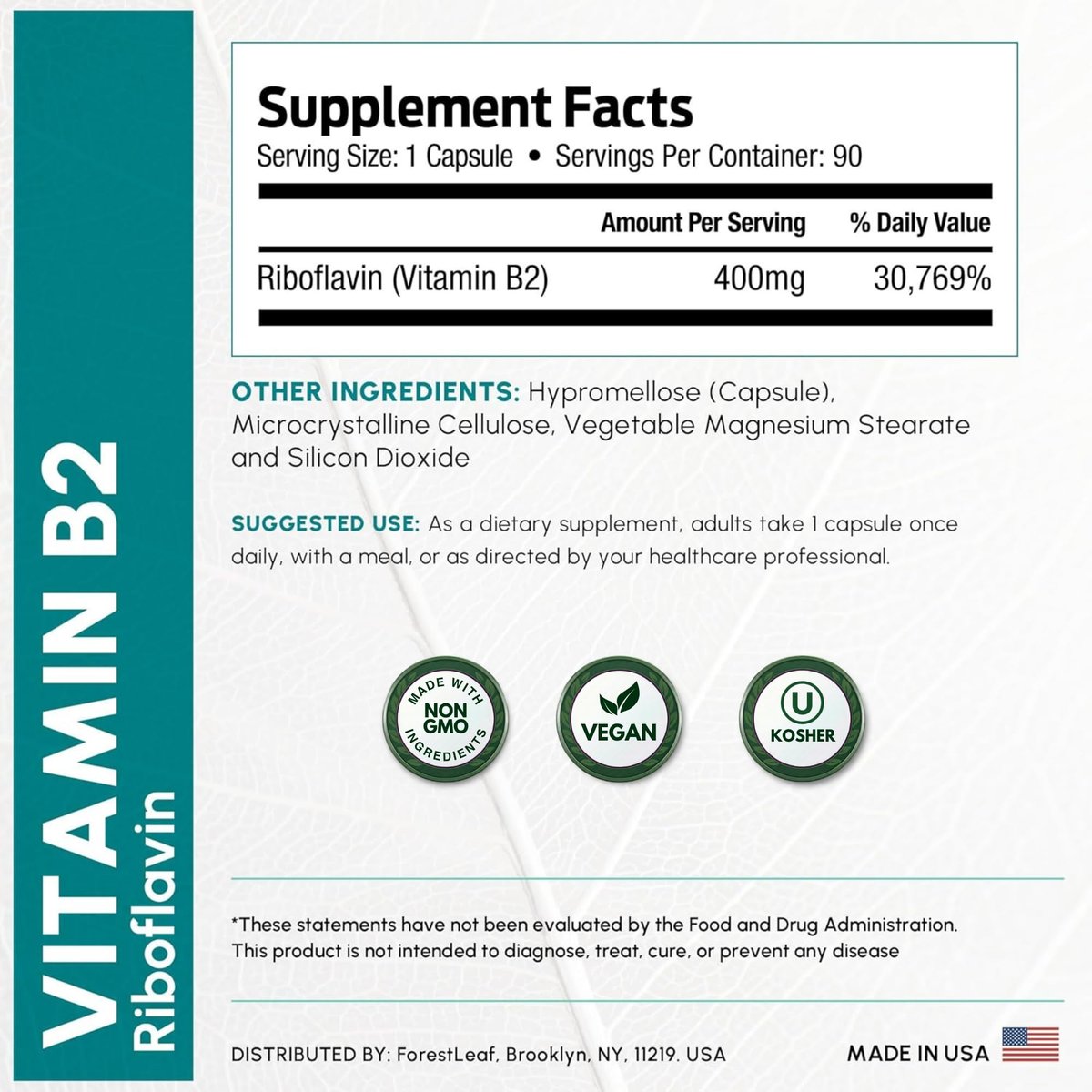 ForestLeaf Vitamin B2 Riboflavin 400mg – Energie, Haut & Zellgesundheit – Unterstützt das Nervensystem – Nicht-GVO & Glutenfrei – 90 Kapseln