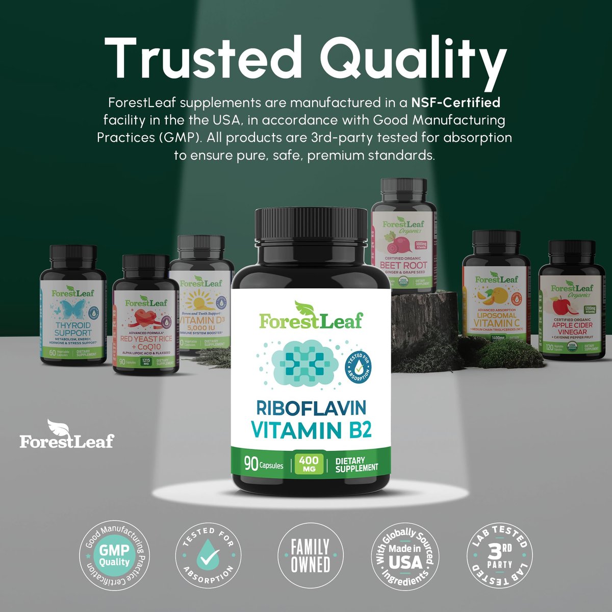 ForestLeaf Vitamin B2 Riboflavin 400mg – Energie, Haut & Zellgesundheit – Unterstützt das Nervensystem – Nicht-GVO & Glutenfrei – 90 Kapseln