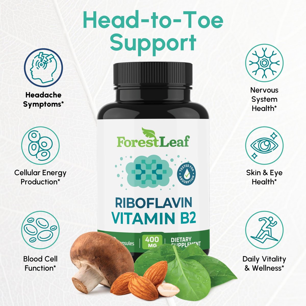 ForestLeaf Vitamin B2 Riboflavin 400mg – Energie, Haut & Zellgesundheit – Unterstützt das Nervensystem – Nicht-GVO & Glutenfrei – 90 Kapseln