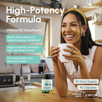 ForestLeaf Vitamin B2 Riboflavin 400mg – Energie, Haut & Zellgesundheit – Unterstützt das Nervensystem – Nicht-GVO & Glutenfrei – 90 Kapseln
