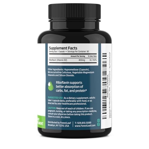 ForestLeaf Vitamin B2 Riboflavin 400mg – Energie, Haut & Zellgesundheit – Unterstützt das Nervensystem – Nicht-GVO & Glutenfrei – 90 Kapseln