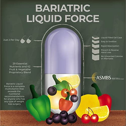 Bariatrisches Multivitamin mit Eisen – Flüssiggefüllte Weichkapseln mit schneller Absorption – ASMBS-konform – All-in-One-Nahrungsergänzung für Schlauchmagen, Bypass, Bandpatienten – 2 Kapseln täglich, 60 Stück