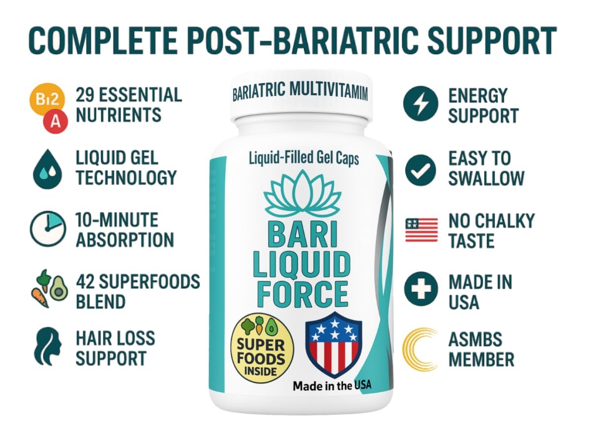 Bariatrisches Multivitamin mit Eisen – Flüssiggefüllte Weichkapseln mit schneller Absorption – ASMBS-konform – All-in-One-Nahrungsergänzung für Schlauchmagen, Bypass, Bandpatienten – 2 Kapseln täglich, 60 Stück
