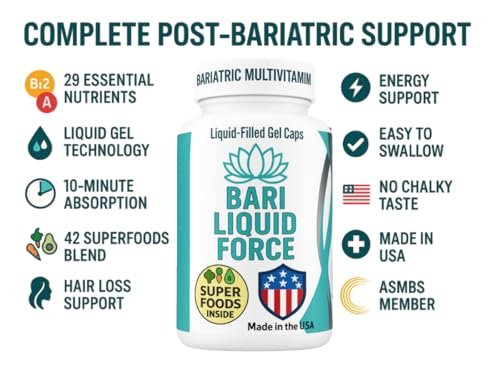 Bariatrisches Multivitamin mit Eisen – Flüssiggefüllte Weichkapseln mit schneller Absorption – ASMBS-konform – All-in-One-Nahrungsergänzung für Schlauchmagen, Bypass, Bandpatienten – 2 Kapseln täglich, 60 Stück
