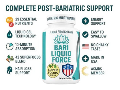 Bariatrisches Multivitamin mit Eisen – Flüssiggefüllte Weichkapseln mit schneller Absorption – ASMBS-konform – All-in-One-Nahrungsergänzung für Schlauchmagen, Bypass, Bandpatienten – 2 Kapseln täglich, 60 Stück