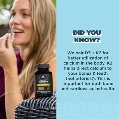 Ancient Nutrition Vitamin-D-Präparat, 5.000 IE Vitamin D für Immununterstützung, aus Knochenbrühe und Pilzextrakt, unterstützt gesunde Entzündungsreaktionen, Paleo- und Keto-freundlich, 60 Kapseln