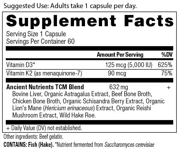 Ancient Nutrition Vitamin-D-Präparat, 5.000 IE Vitamin D für Immununterstützung, aus Knochenbrühe und Pilzextrakt, unterstützt gesunde Entzündungsreaktionen, Paleo- und Keto-freundlich, 60 Kapseln