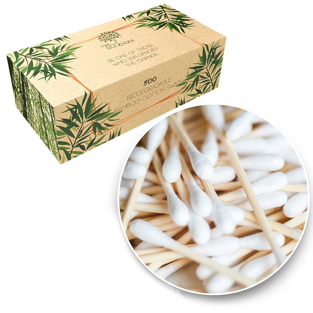 Premium 500 Biologisch abbaubare Bambus-Wattestäbchen | Zero Waste Einwegprodukte | Kompostierbare Q-Tips für die Ohren | Plastikfreier Make-up-Stab | Sicherheits-Holzohrstäbchen | Umweltfreundliches Augenreinigungsutensil