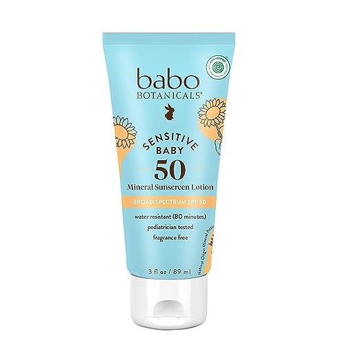 Babo Botanicals Empfindliche Baby Mineral Sonnencreme Lotion SPF50 – Natürliches Zinkoxid – Gesicht & Körper – Duftfrei – Wasserbeständig – EWG Verifiziert – Vegan – Für extra empfindliche Haut – Für Babys & Kinder