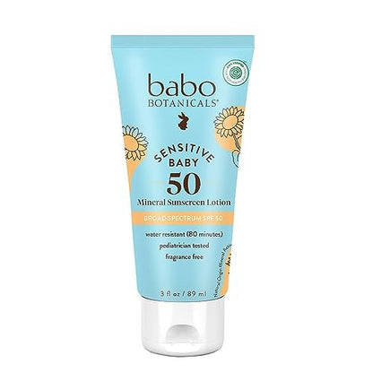 Babo Botanicals Empfindliche Baby Mineral Sonnencreme Lotion SPF50 – Natürliches Zinkoxid – Gesicht & Körper – Duftfrei – Wasserbeständig – EWG Verifiziert – Vegan – Für extra empfindliche Haut – Für Babys & Kinder