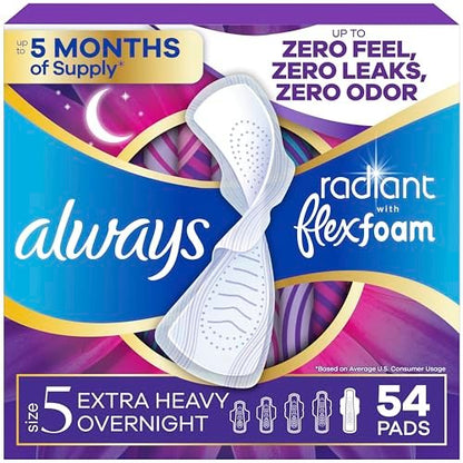 Always Radiant Damenbinden für Frauen, FlexFoam Binden mit Flügeln, Größe 5, Extra starke Nacht-Saugfähigkeit, leicht parfümiert, 54 Stück (3 Packungen à 18)