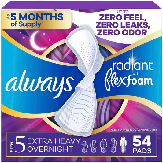 Always Radiant Damenbinden für Frauen, FlexFoam Binden mit Flügeln, Größe 5, Extra starke Nacht-Saugfähigkeit, leicht parfümiert, 54 Stück (3 Packungen à 18)