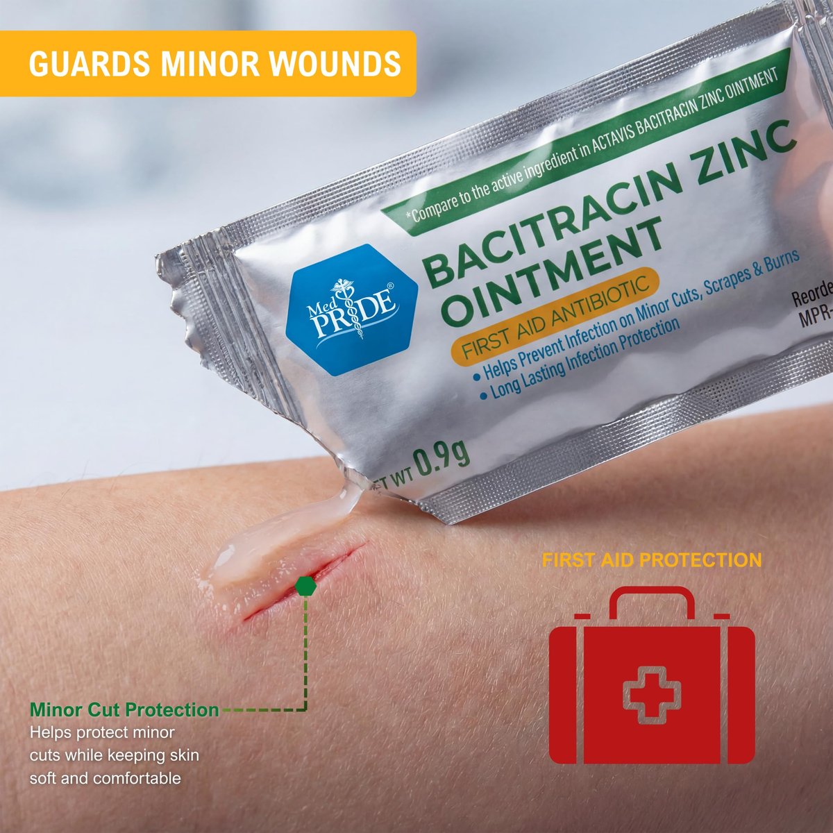 MED PRIDE Bacitracin-Zink-Salbe, Antibiotische Creme für Wunden, Verbrennungen, Schnitte, 144 Reisegrößen-Packungen à 0,9 g, Erste Hilfe