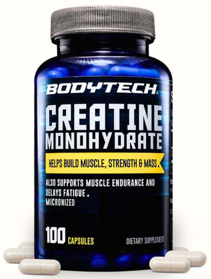 BodyTech Kreatin-Monohydrat Kapseln, mikronisiertes Kreatin für Männer und Frauen, 2250 mg pro Portion, Pre-Workout & Post-Workout Supplement, glutenfrei, zuckerfrei, 100 Kapseln