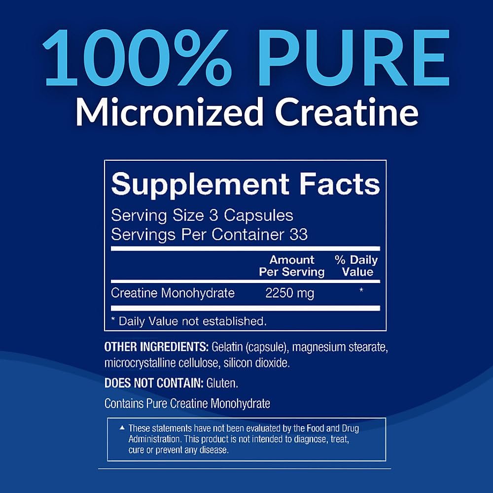 BodyTech Kreatin-Monohydrat Kapseln, mikronisiertes Kreatin für Männer und Frauen, 2250 mg pro Portion, Pre-Workout & Post-Workout Supplement, glutenfrei, zuckerfrei, 100 Kapseln