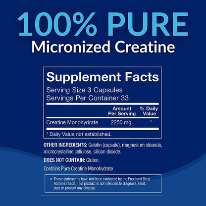 BodyTech Kreatin-Monohydrat Kapseln, mikronisiertes Kreatin für Männer und Frauen, 2250 mg pro Portion, Pre-Workout & Post-Workout Supplement, glutenfrei, zuckerfrei, 100 Kapseln