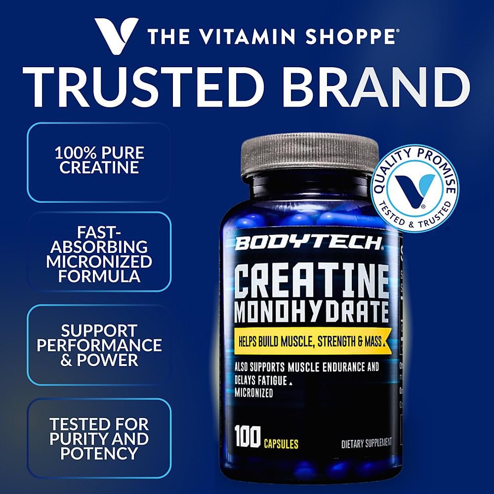 BodyTech Kreatin-Monohydrat Kapseln, mikronisiertes Kreatin für Männer und Frauen, 2250 mg pro Portion, Pre-Workout & Post-Workout Supplement, glutenfrei, zuckerfrei, 100 Kapseln