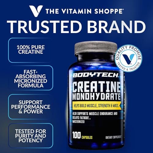 BodyTech Kreatin-Monohydrat Kapseln, mikronisiertes Kreatin für Männer und Frauen, 2250 mg pro Portion, Pre-Workout & Post-Workout Supplement, glutenfrei, zuckerfrei, 100 Kapseln
