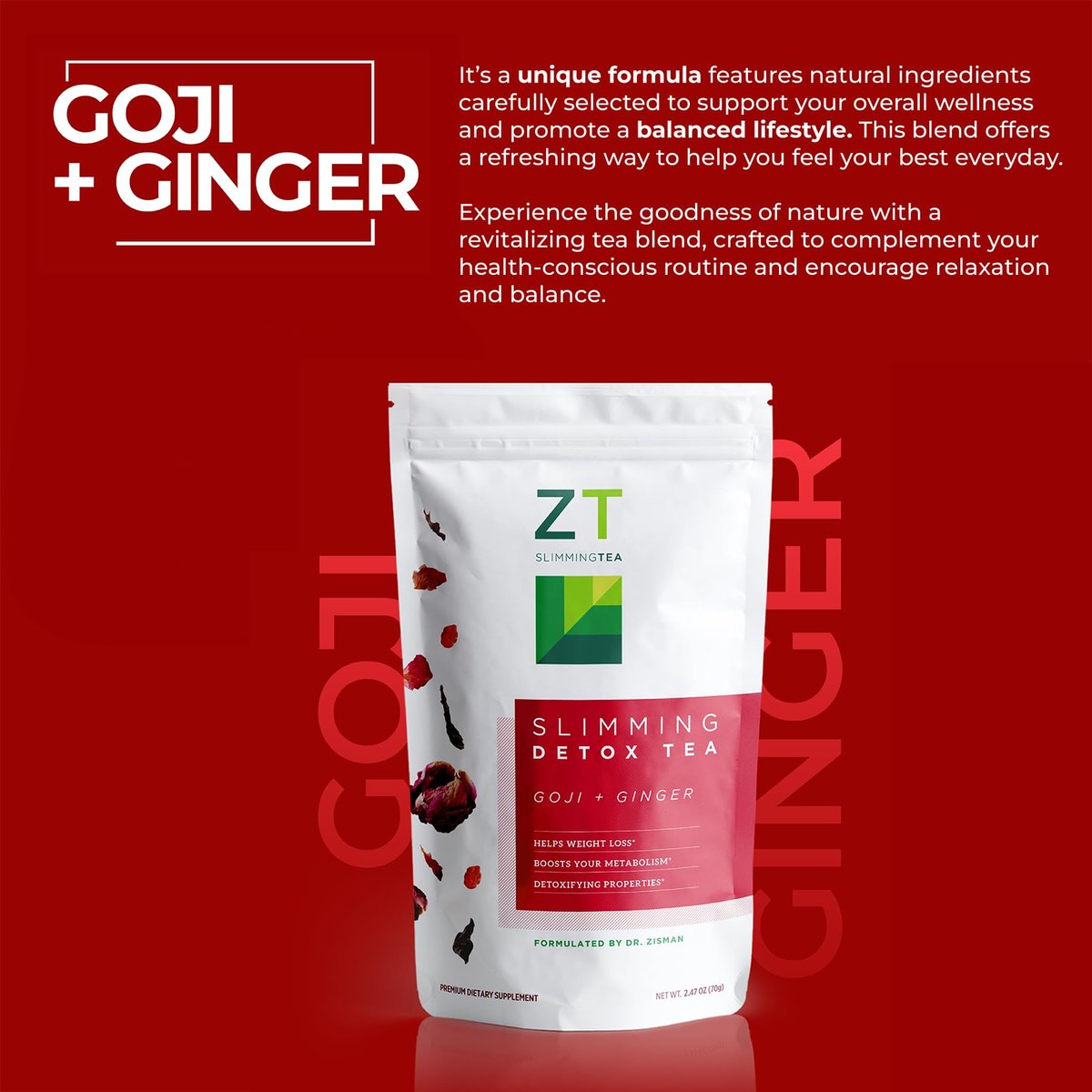 Dr. Zisman ZT Slimming – Goji-Ingwer Kräuterteemischung – Erfrischender Tee mit Goji-Beeren und Ingwerwurzel – 30-Tage-Wohlbefinden (30 Portionen)