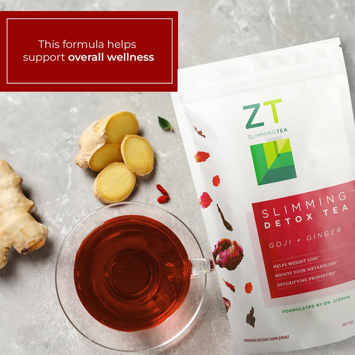 Dr. Zisman ZT Slimming – Goji-Ingwer Kräuterteemischung – Erfrischender Tee mit Goji-Beeren und Ingwerwurzel – 30-Tage-Wohlbefinden (30 Portionen)