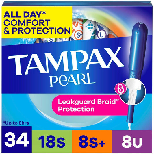 Tampax Pearl Tampons Trio Pack, Super/Super Plus/Ultra Saugstärke mit BPA-freiem Kunststoffapplikator und LeakGuard-Braid, unparfümiert, 34 Stück