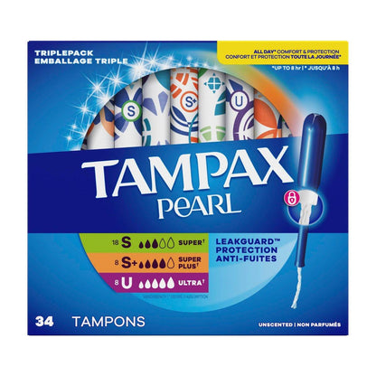 Tampax Pearl Tampons Trio Pack, Super/Super Plus/Ultra Saugstärke mit BPA-freiem Kunststoffapplikator und LeakGuard-Braid, unparfümiert, 34 Stück