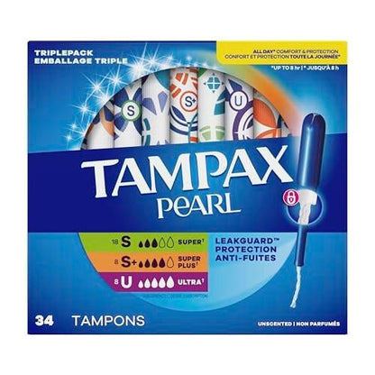 Tampax Pearl Tampons Trio Pack, Super/Super Plus/Ultra Saugstärke mit BPA-freiem Kunststoffapplikator und LeakGuard-Braid, unparfümiert, 34 Stück