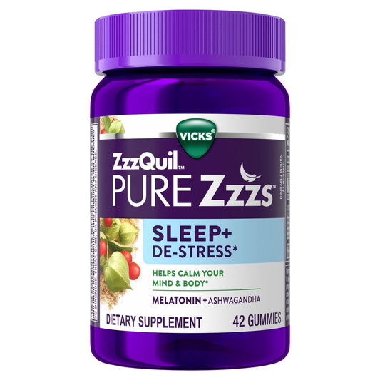 ZzzQuil PURE Zzzs De-Stress Melatonin Einschlafhilfe Gummibärchen – Beruhigt Geist und Körper, Ashwagandha für Stressunterstützung, Schlafmittel für Erwachsene, 1 mg pro Gummibärchen, 42 Stück