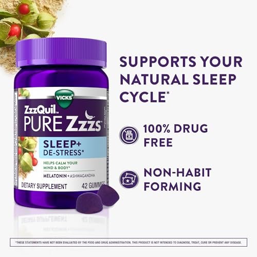ZzzQuil PURE Zzzs De-Stress Melatonin Einschlafhilfe Gummibärchen – Beruhigt Geist und Körper, Ashwagandha für Stressunterstützung, Schlafmittel für Erwachsene, 1 mg pro Gummibärchen, 42 Stück