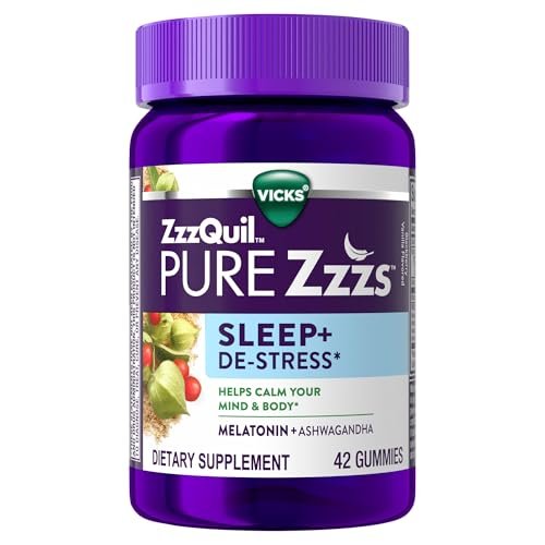 ZzzQuil PURE Zzzs De-Stress Melatonin Einschlafhilfe Gummibärchen – Beruhigt Geist und Körper, Ashwagandha für Stressunterstützung, Schlafmittel für Erwachsene, 1 mg pro Gummibärchen, 42 Stück