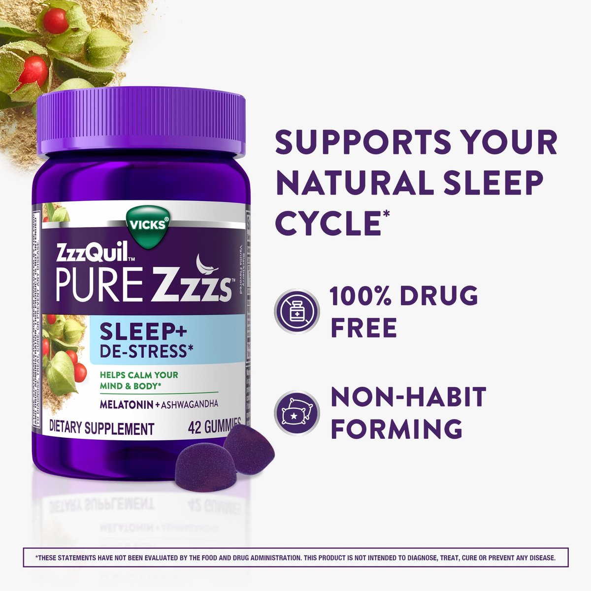 ZzzQuil PURE Zzzs De-Stress Melatonin Einschlafhilfe Gummibärchen – Beruhigt Geist und Körper, Ashwagandha für Stressunterstützung, Schlafmittel für Erwachsene, 1 mg pro Gummibärchen, 42 Stück