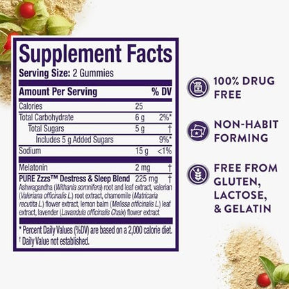 ZzzQuil PURE Zzzs De-Stress Melatonin Einschlafhilfe Gummibärchen – Beruhigt Geist und Körper, Ashwagandha für Stressunterstützung, Schlafmittel für Erwachsene, 1 mg pro Gummibärchen, 42 Stück