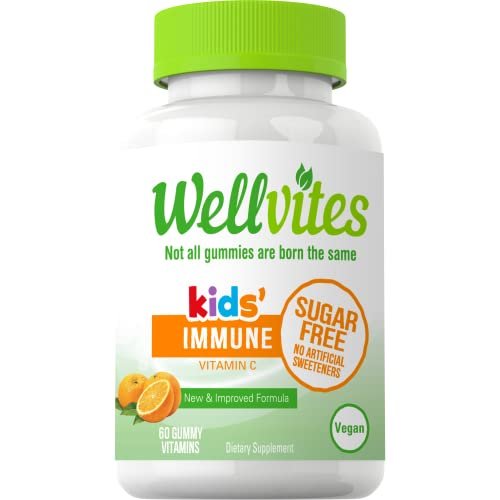 Wellvites Zuckerfreie Immun-Gummis für Kinder – Vegan, Non-GMO – Vitamin-C-Gummis zur Unterstützung des Immunsystems, ohne künstliche Süßstoffe, glutenfrei, gelatinefrei, 60 Stück (30-Tage-Vorrat)