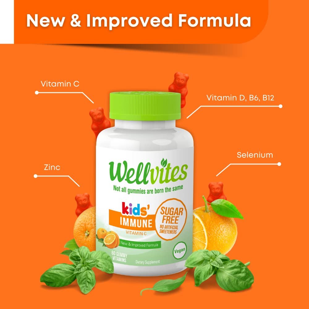 Wellvites Zuckerfreie Immun-Gummis für Kinder – Vegan, Non-GMO – Vitamin-C-Gummis zur Unterstützung des Immunsystems, ohne künstliche Süßstoffe, glutenfrei, gelatinefrei, 60 Stück (30-Tage-Vorrat)