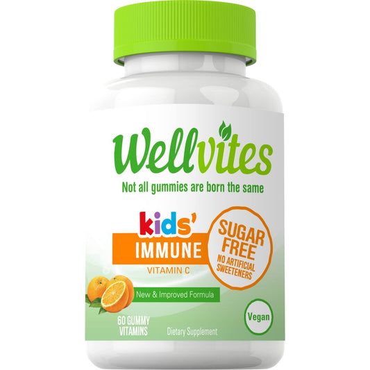 Wellvites Zuckerfreie Immun-Gummis für Kinder – Vegan, Non-GMO – Vitamin-C-Gummis zur Unterstützung des Immunsystems, ohne künstliche Süßstoffe, glutenfrei, gelatinefrei, 60 Stück (30-Tage-Vorrat)