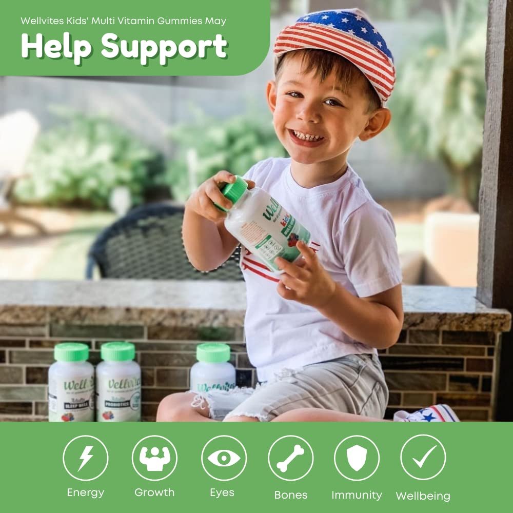 Wellvites Kinder Multivitamin Gummibärchen - Zuckerfrei, Vegan, Ohne Gentechnik, Vitamin A, D, B6, B12 und C - Keine künstlichen Süßstoffe, Glutenfrei, Gelatinefrei - 60 Stück (30-Tage-Vorrat)