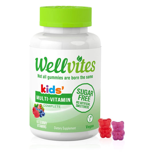 Wellvites Kinder Multivitamin Gummibärchen - Zuckerfrei, Vegan, Ohne Gentechnik, Vitamin A, D, B6, B12 und C - Keine künstlichen Süßstoffe, Glutenfrei, Gelatinefrei - 60 Stück (30-Tage-Vorrat)