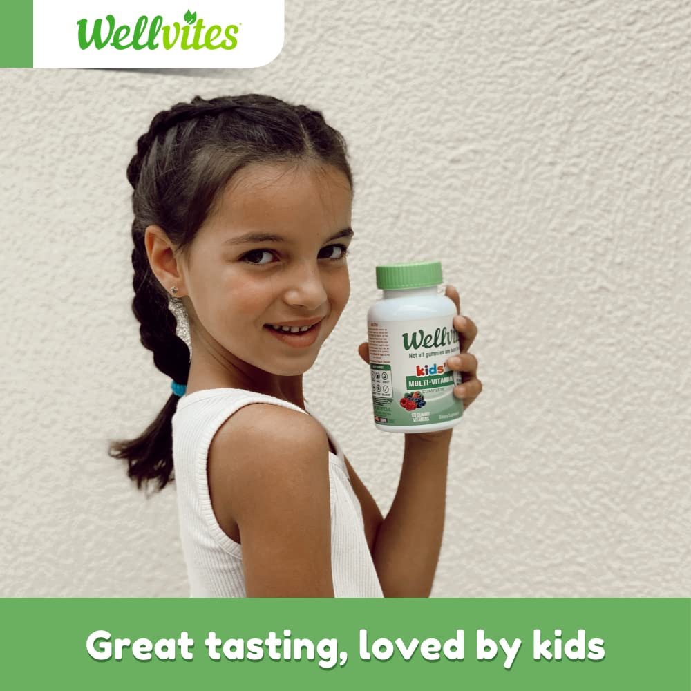 Wellvites Kinder Multivitamin Gummibärchen - Zuckerfrei, Vegan, Ohne Gentechnik, Vitamin A, D, B6, B12 und C - Keine künstlichen Süßstoffe, Glutenfrei, Gelatinefrei - 60 Stück (30-Tage-Vorrat)