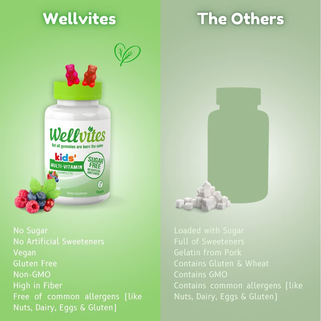 Wellvites Kinder Multivitamin Gummibärchen - Zuckerfrei, Vegan, Ohne Gentechnik, Vitamin A, D, B6, B12 und C - Keine künstlichen Süßstoffe, Glutenfrei, Gelatinefrei - 60 Stück (30-Tage-Vorrat)