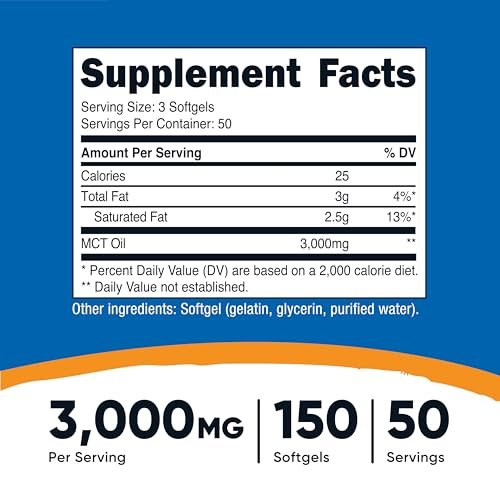 Nutricost MCT Öl Softgels 1000mg, 150 Kapseln (3.000mg pro Portion) - Ideal für Keto, Ketose und ketogene Ernährung