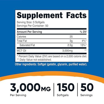 Nutricost MCT Öl Softgels 1000mg, 150 Kapseln (3.000mg pro Portion) - Ideal für Keto, Ketose und ketogene Ernährung