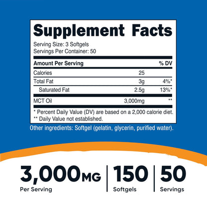 Nutricost MCT Öl Softgels 1000mg, 150 Kapseln (3.000mg pro Portion) - Ideal für Keto, Ketose und ketogene Ernährung