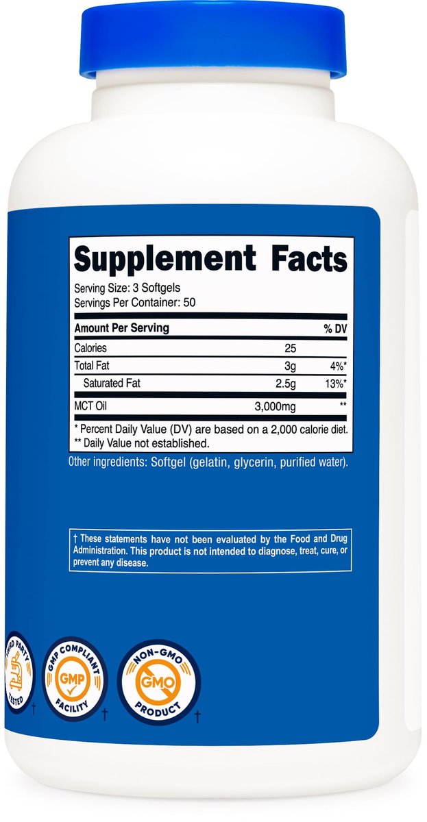 Nutricost MCT Öl Softgels 1000mg, 150 Kapseln (3.000mg pro Portion) - Ideal für Keto, Ketose und ketogene Ernährung