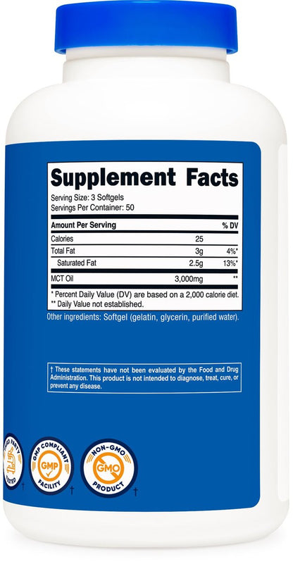 Nutricost MCT Öl Softgels 1000mg, 150 Kapseln (3.000mg pro Portion) - Ideal für Keto, Ketose und ketogene Ernährung