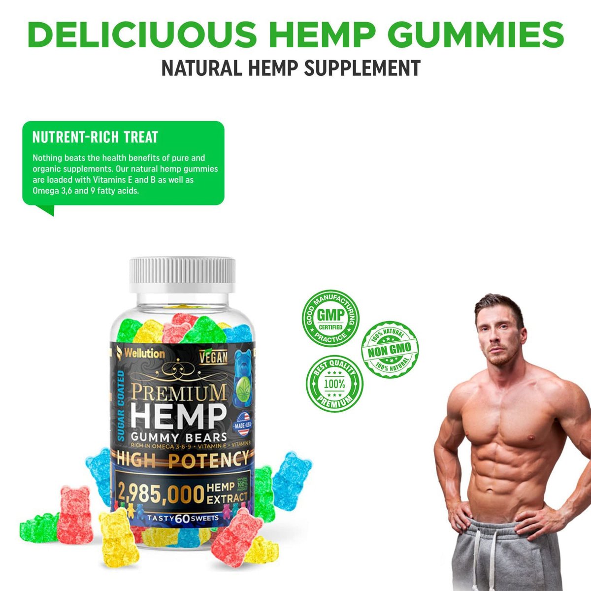 WELLUTION Zuckerüberzogene Hanf-Gummibärchen – Hochpotent 2.985.000 MCG – Natürliche Fruchtgummis für Entspannung und Ruhe – Schnell wirkend – 60 Stück