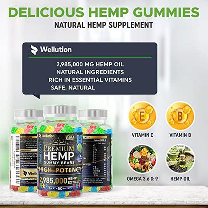 WELLUTION Zuckerüberzogene Hanf-Gummibärchen – Hochpotent 2.985.000 MCG – Natürliche Fruchtgummis für Entspannung und Ruhe – Schnell wirkend – 60 Stück