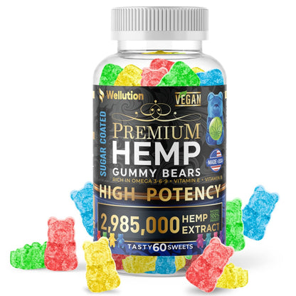 WELLUTION Zuckerüberzogene Hanf-Gummibärchen – Hochpotent 2.985.000 MCG – Natürliche Fruchtgummis für Entspannung und Ruhe – Schnell wirkend – 60 Stück
