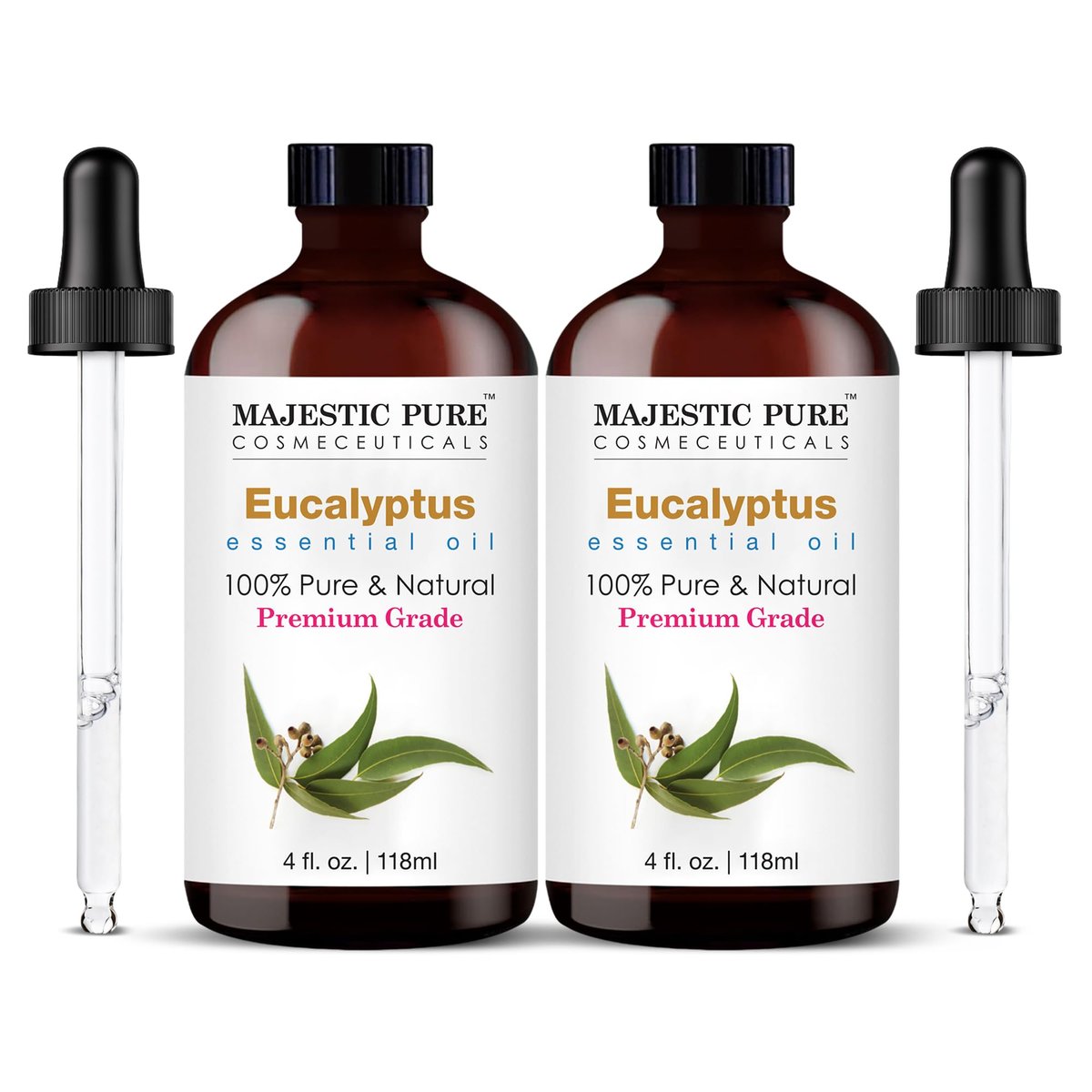 Majestic Pure Eukalyptus ätherisches Öl mit Glas-Dropper – 100% rein und natürlich – 2x 118 ml für Diffuser, Aromatherapie, Seifen- und Kerzenherstellung