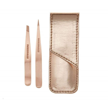 Tweezerman Rosegold Petite Point & Slant Pinzetten Set mit Reiseetui – Augenbrauenpinzette für Damen und Herren
